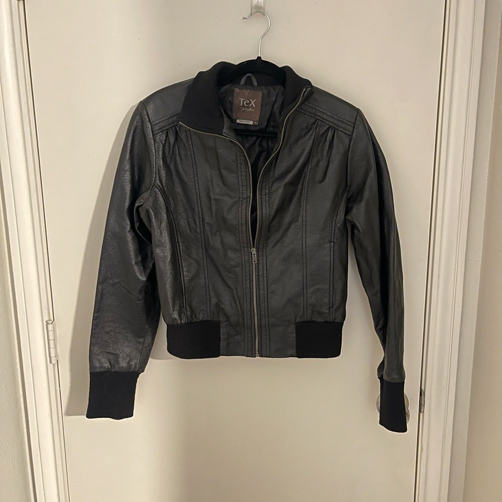 Black Leather Bomber Jacket with Standing Collar and Elasticated Cuffs